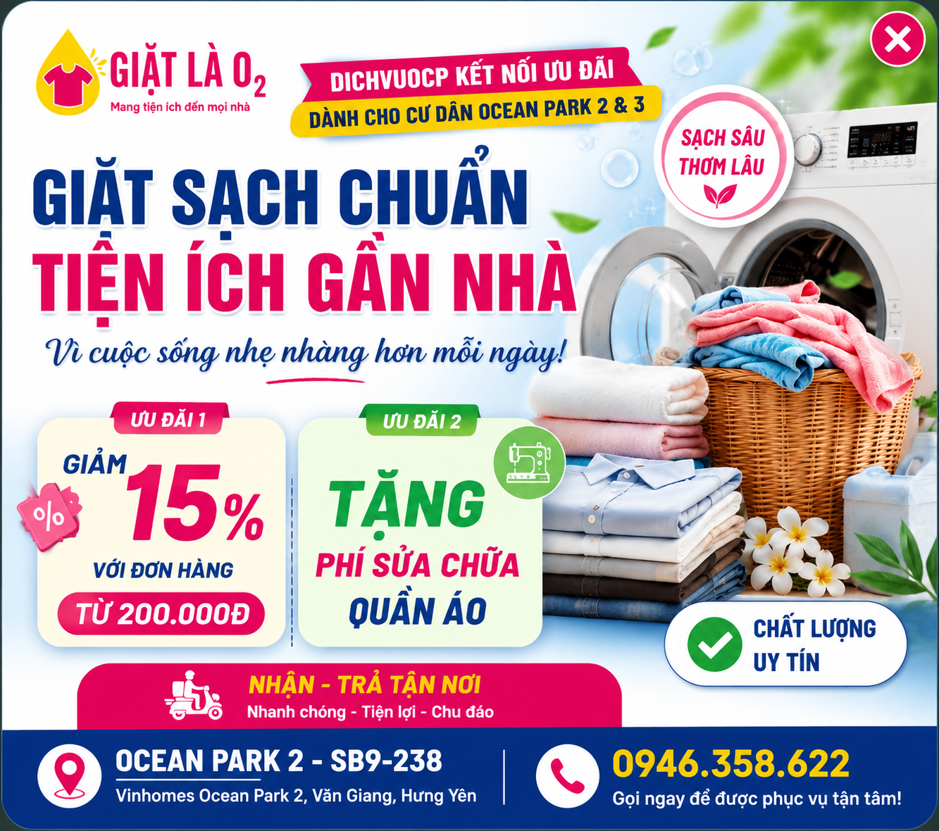 🧺 Cư dân OCP2&3 có thêm ưu đãi giặt là: Giảm 15% + miễn phí sửa chữa quần áo